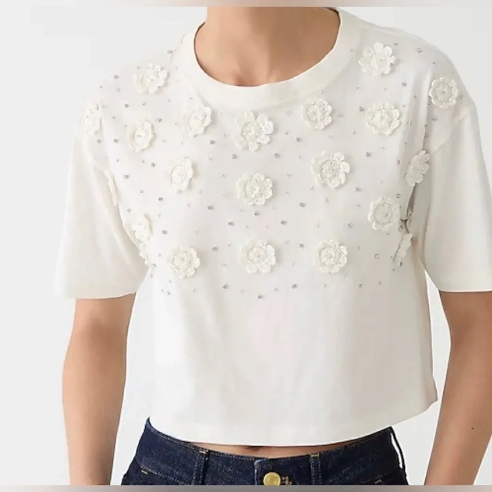 J.Crew Cropped T-shirt with crochet floral appliqués NWT Size XS